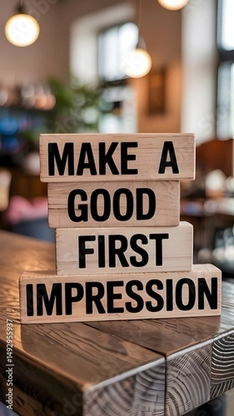 Obraz Wooden letter blocks arranged to say 'Make a Good First Impression' in a positive tone

