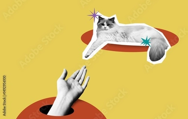 Fototapeta Collage art of a hand touching a cat. Modern and creative design with surreal style. Perfect for use in posters, editorial design, social media, digital art, and contemporary art projects