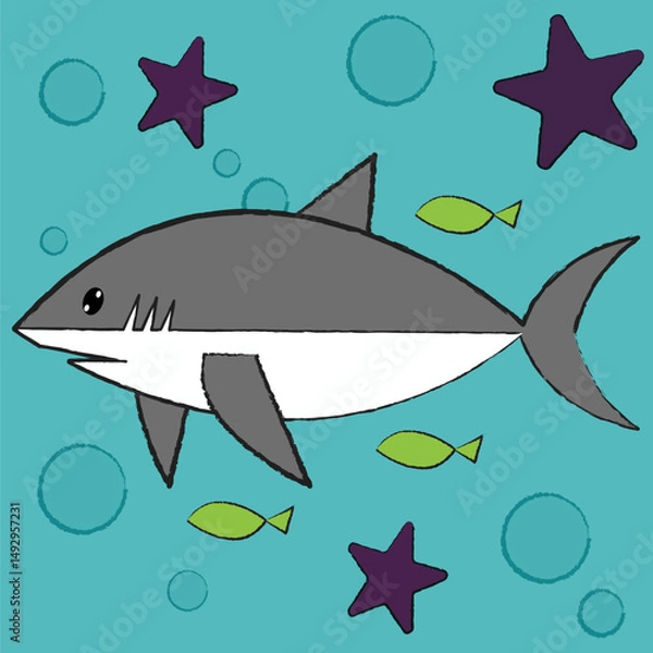 Fototapeta Vector cartoon image of predatory fish. Funny cute shark, children's pencil drawing style.
