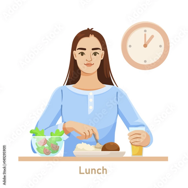 Fototapeta Woman eating lunch with a plate of rice, meat, salad, and juice. A clock in the background shows time. Concept of healthy eating. Vector illustration