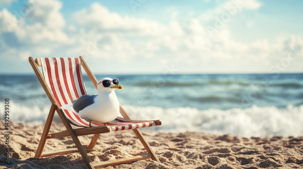 Obraz Seagull wearing sunglasses on the beach with blue sky and ocean in the background