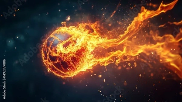 Fototapeta Fiery basketball in motion, engulfed in flames against a dark background.