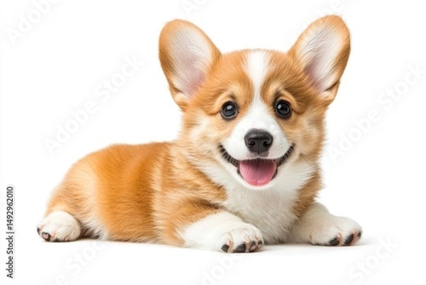 Obraz Corgi puppy lying down with a happy expression on white background