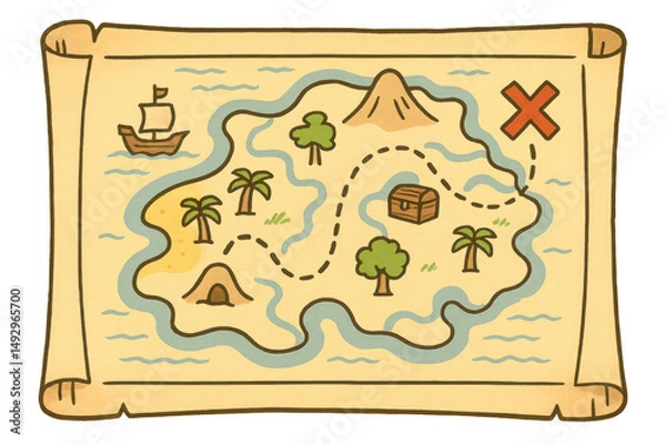 Fototapeta Cartoon treasure map showing a path leading to a treasure chest on a tropical island with transparent background