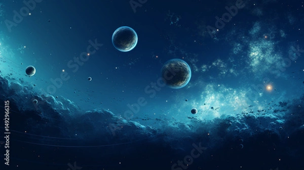Fototapeta Bubble like planets in a liquid space cloudy sky environment