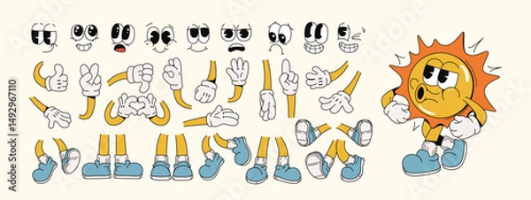 Fototapeta Cartoon sun character with various facial expressions, arms, hands, and legs on light background. Concept of animated character design. Vector illustration
