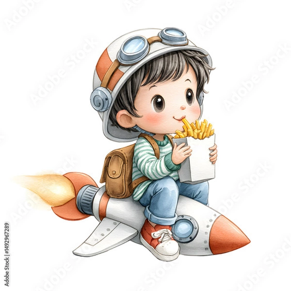 Fototapeta Watercolor Clip Art Young boy wearing goggles, sitting on a rocket, enjoying snacks, imaginative adventure theme, playful and whimsical tone. Isolated on white background or PNG