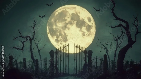 Obraz spooky moonlit background with graveyard gates, twisted trees, and bats fluttering around a glowing pumpkin patch.