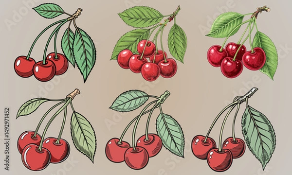 Fototapeta Red cherry berries with a green leaf. Fresh Red Cherries. Cherry with a vibrant green leaf and stem isolated on a background.