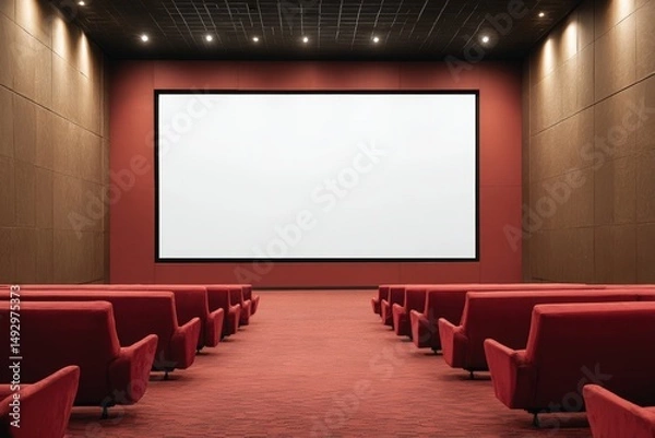 Fototapeta A modern, empty movie theater with red seats and a large blank screen ready for a film projection.
