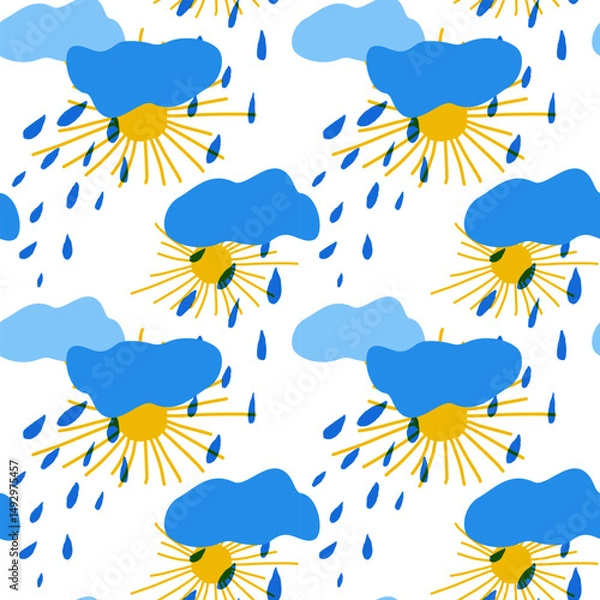 Obraz Seamless pattern of yellow sun and clouds of different shades of blue with raindrops in children's style hand drawn for posters, cards, stickers. Seamless pattern on pastel soft blue background
