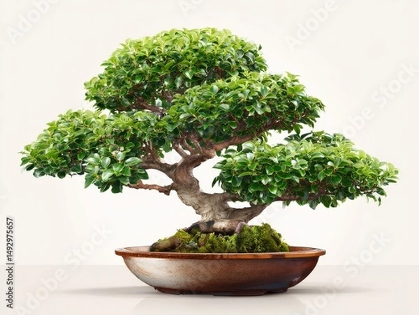 Fototapeta Lush green bonsai tree in a rustic brown pot against a bright white background. Tranquility and serenity.