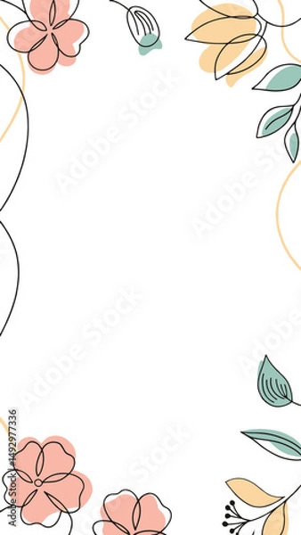 Fototapeta Delicate floral frame in soft pastel colors, composed of line art and simple shapes, creating a minimalist and elegant design.