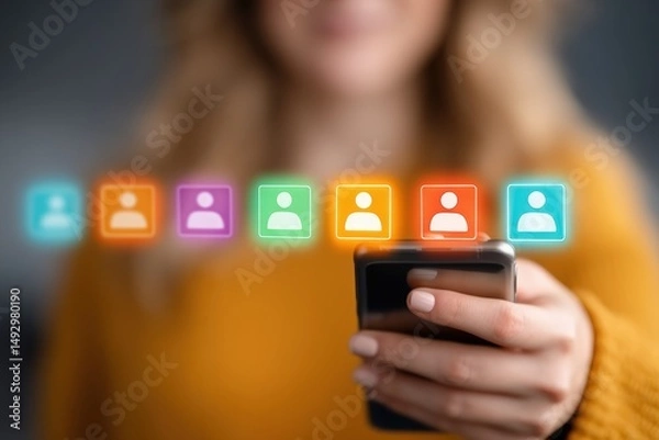 Fototapeta Modern Female Entrepreneur Analyzing User Profiles on Smartphone for Audience Identification in Digital Dashboard Interface