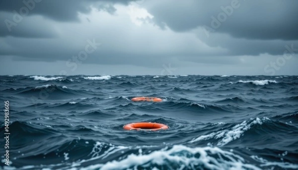 Obraz Emergency rescue operation open ocean photography stormy weather aerial view safety awareness