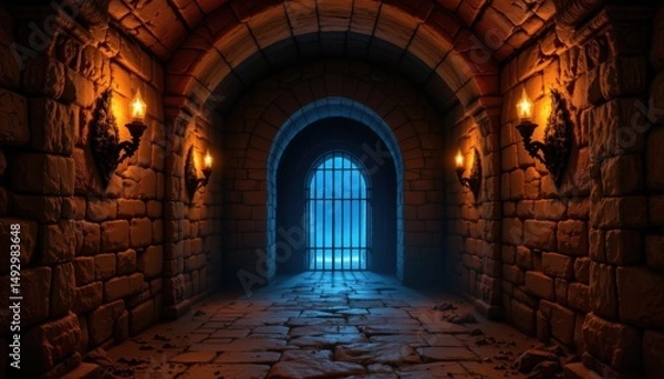 Obraz Exploring the dark dungeon medieval castle digital artwork mysterious atmosphere low angle adventure concept