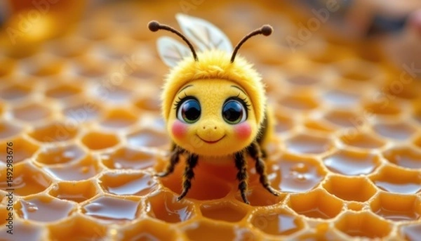 Obraz Playful cartoon bee on honeycomb nature scene digital illustration whimsical environment close-up view cute concept
