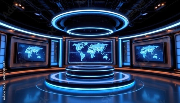Obraz Global news broadcast studio modern technology digital environment illuminated viewpoint media concept