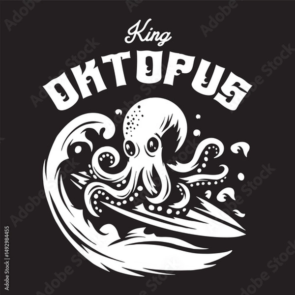 Obraz Vintage illustration of octopus playing surfing