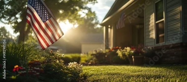 Obraz The American flag is flying in front of the house, with green grass and flowers on both sides. 