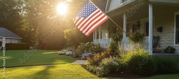 Obraz The American flag is flying in front of the house, with green grass and flowers on both sides. 