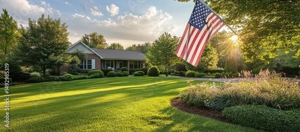 Obraz The American flag is flying in front of the house, with green grass and flowers on both sides. 