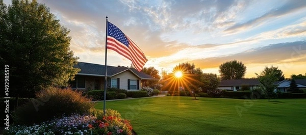 Obraz The American flag is flying in front of the house, with green grass and flowers on both sides. 
