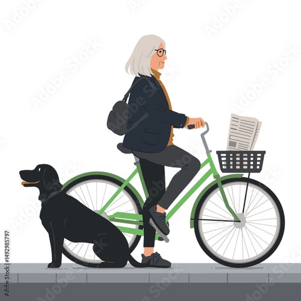 Fototapeta Bicycle Ride with Companion: A serene scene of a person enjoying a bicycle ride with their loyal companion, a dog, illustrating a lifestyle of leisure, freedom, and outdoor activity. 