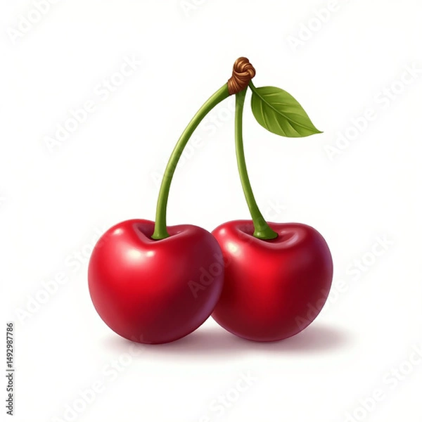Fototapeta Two fresh red cherries with green stems and leaf isolated on white background