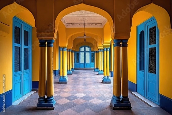 Obraz A traditional Indian palace courtyard with intricate architecture, vibrant colors, and ornate carvings. 