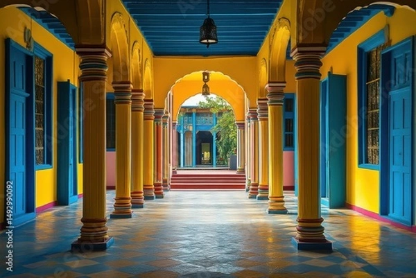 Obraz A traditional Indian palace courtyard with intricate architecture, vibrant colors, and ornate carvings. 