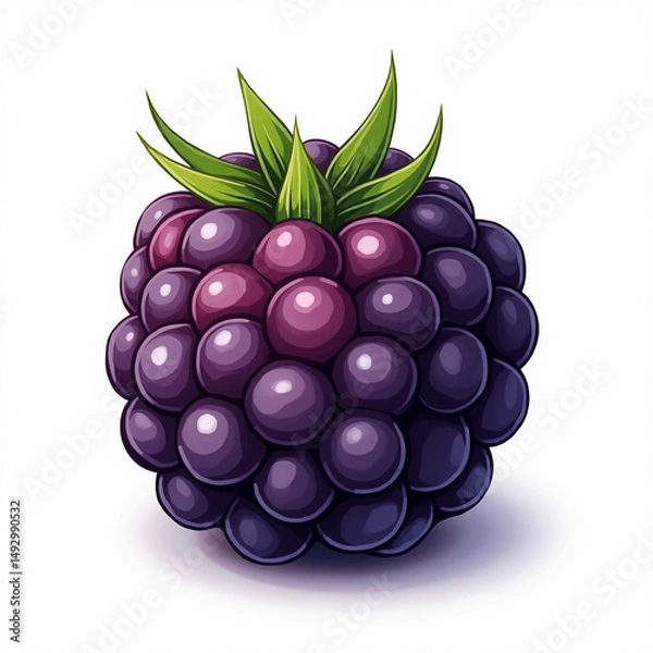 Fototapeta Vivid illustration of a fresh blackberry showing detailed berries and green leafy elements isolated on white