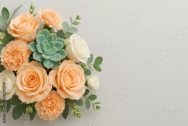 Fototapeta Peach roses, carnations, succulents, and eucalyptus leaves arranged on a gray background, concept for wedding stationery and floral design