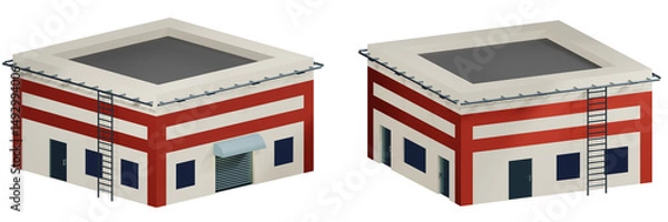Obraz Industrial building in two versions. 3D render. Orthogonal.
