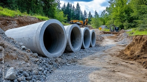 Obraz Large concrete pipes at a construction site, ready for installation in a rural setting.