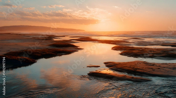 Obraz Tranquil sunset reflections on the sandy beach landscape evokes a serene and peaceful scene