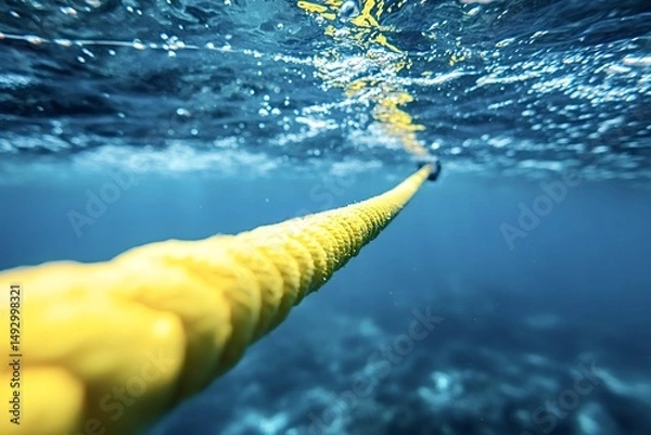 Obraz Yellow rope floating underwater in a deep blue sea, creating a striking contrast and suggesting concepts of rescue, hope, and connection to the surface
