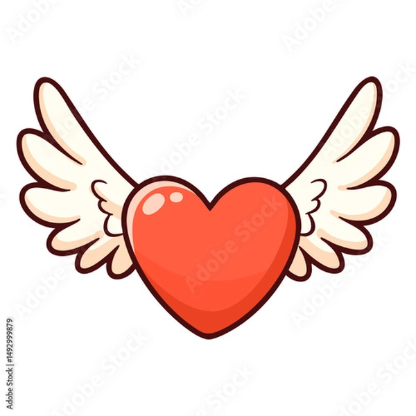 Obraz Red heart with white wings, flying free, love concept, doodle isolated cute clean and simple cartoon vector illustration