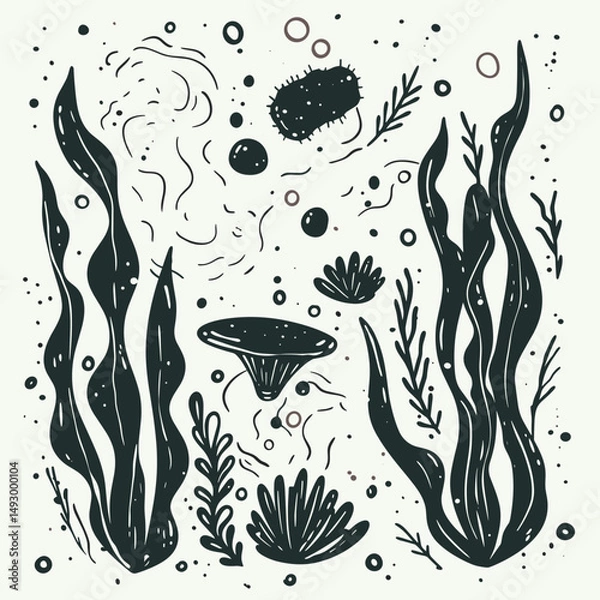 Fototapeta Marine Life Illustration: A monochromatic illustration depicts a diverse array of marine elements including seaweed, fungi, bacteria, and other water life.