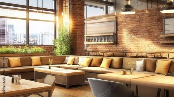 Obraz Cafe interior showing a modern, cozy, and bright seating area