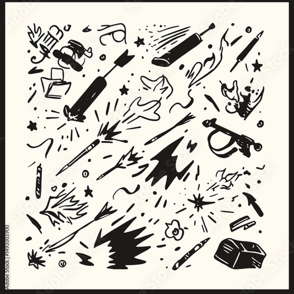 Fototapeta Exploding Ideas: A vibrant collection of hand-drawn doodle elements depicting explosions, arrows, stars, and various creative tools, suggesting a burst of imagination and innovation.