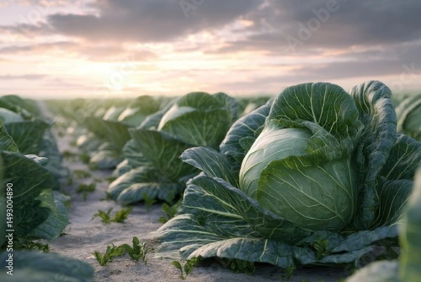 Obraz Cabbage field rows growing plants vegetable agriculture