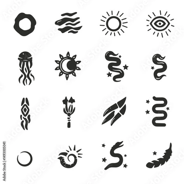 Fototapeta Celestial Symbol Set: A collection of intricately designed celestial symbols and mystical shapes, perfect for adding a touch of magic to any design. 