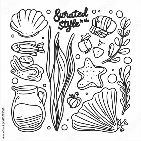 Fototapeta Sea Life Illustration:  Sea Life Illustration featuring hand-drawn doodle elements.  It features a shell, seahorse, seaweed, starfish and a pitcher with ocean waves design.