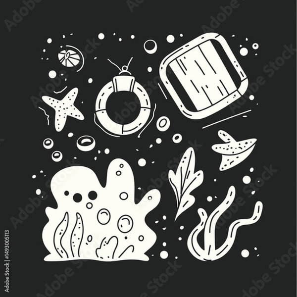 Fototapeta Oceanic Whispers: A collection of hand-drawn oceanic elements evokes the mysteries of the sea with playful art.