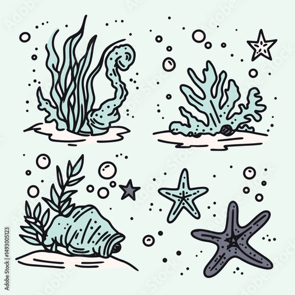 Fototapeta Underwater Ecosystem Illustration: A captivating illustration of the serene underwater world, showcasing a collection of vibrant marine life including seaweed, coral, seashells, starfish, and bubbles.
