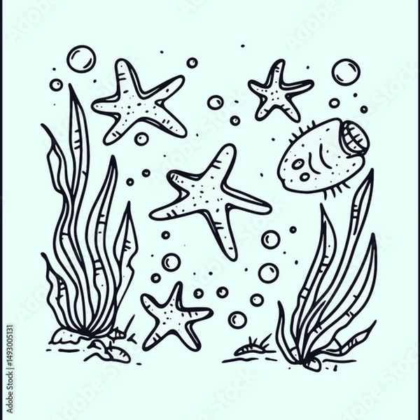 Fototapeta Undersea Doodle:Whimsical hand-drawn illustration of starfish, seaweed, and a sea creature, creating a charming underwater scene. 