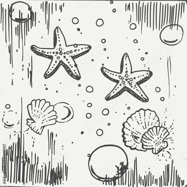 Fototapeta Oceanic Sketches: Hand-drawn monochrome illustration showcases starfish, seashells, and bubbles creating an underwater aesthetic. 