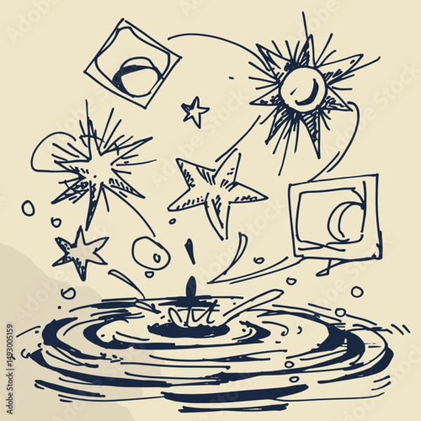 Fototapeta Celestial Symphony: A cosmic illustration showcasing a drop impacting a pool of water, with celestial bodies and stars dancing above.