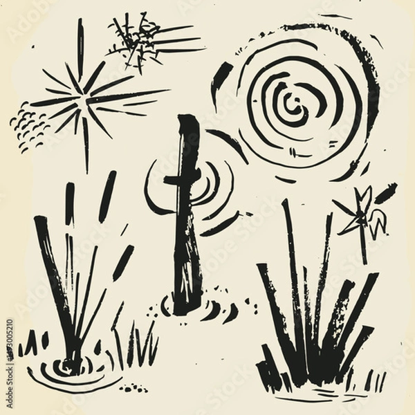 Fototapeta Ink strokes of Nature: An artistic illustration showcasing a collection of ink strokes depicting elements of nature. The artwork evokes a sense of organic simplicity and the beauty of natural forms.